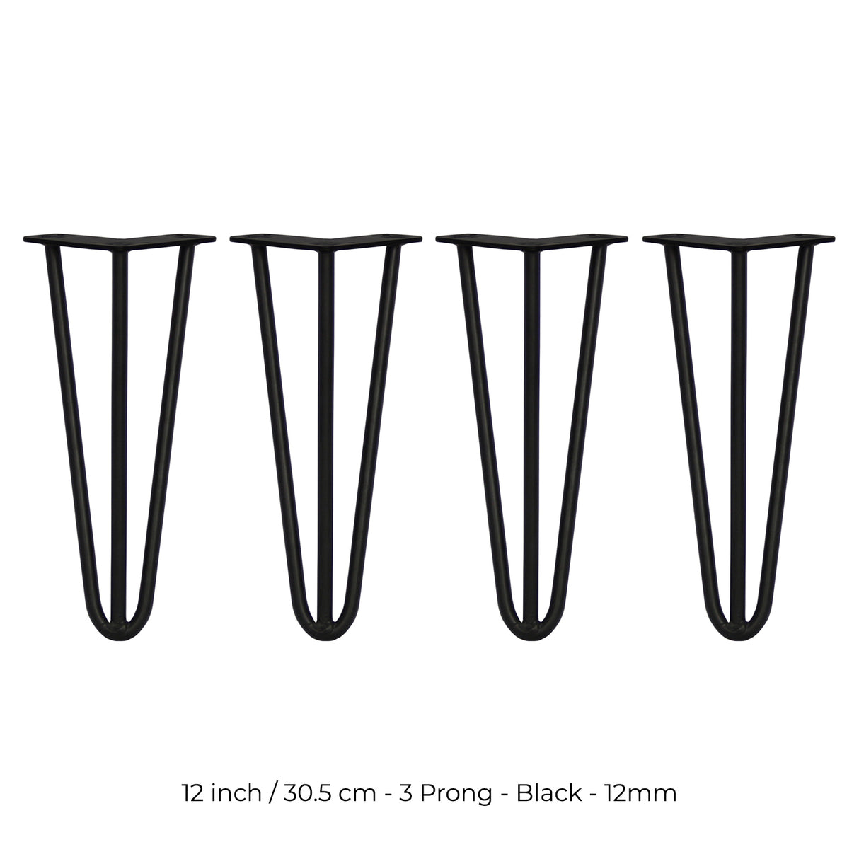 4 Gambe da Tavolo a Forcina 30.5cm - 3 Rebbi - 12mm - Nero