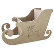 Slitta di Babbo Natale in MDF, color marrone chiaro, con dettagli intagliati di un cervo e bordi ondulati eleganti