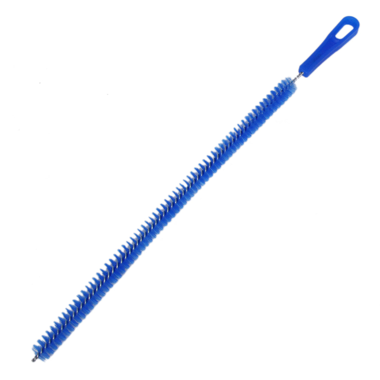 Spazzola di pulizia lunga con manico blu e setole rigide, ideale per rimuovere polvere e sporco da spazi ristretti e tubi
