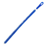Spazzola di pulizia lunga con manico blu e setole rigide, ideale per rimuovere polvere e sporco da spazi ristretti e tubi