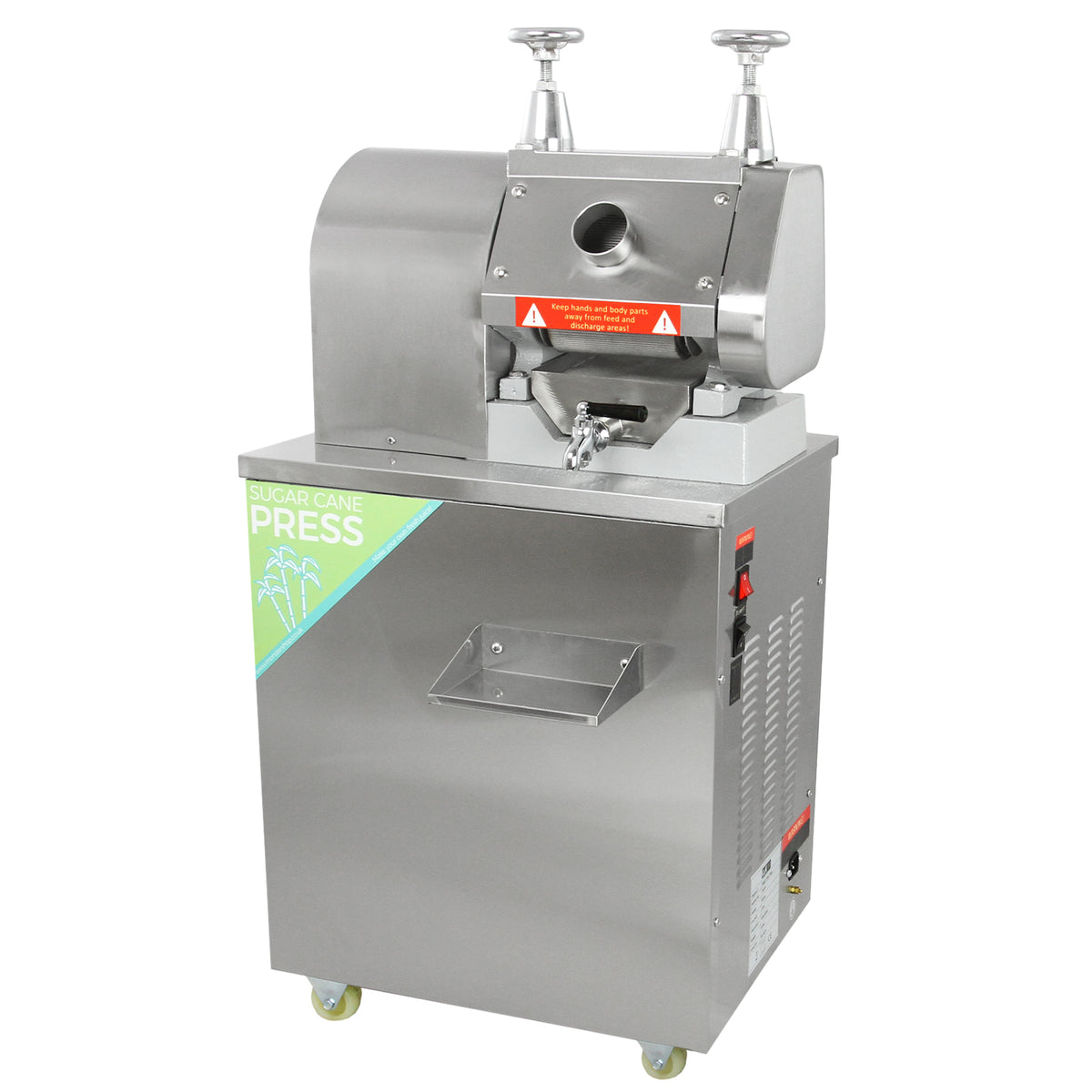 Pressa per canna da zucchero in acciaio inox, con manopole cromate, design compatto e ruote per facilità di movimento