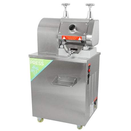 Pressa per canna da zucchero in acciaio inox, con manopole cromate, design compatto e ruote per facilità di movimento
