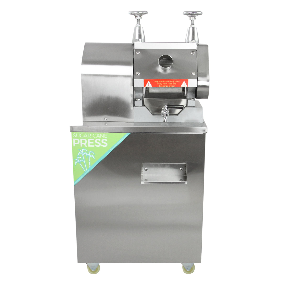 Pressa per canna da zucchero in acciaio inox lucido, con maniglie cromate e un design compatto su ruote per facilità di movimento