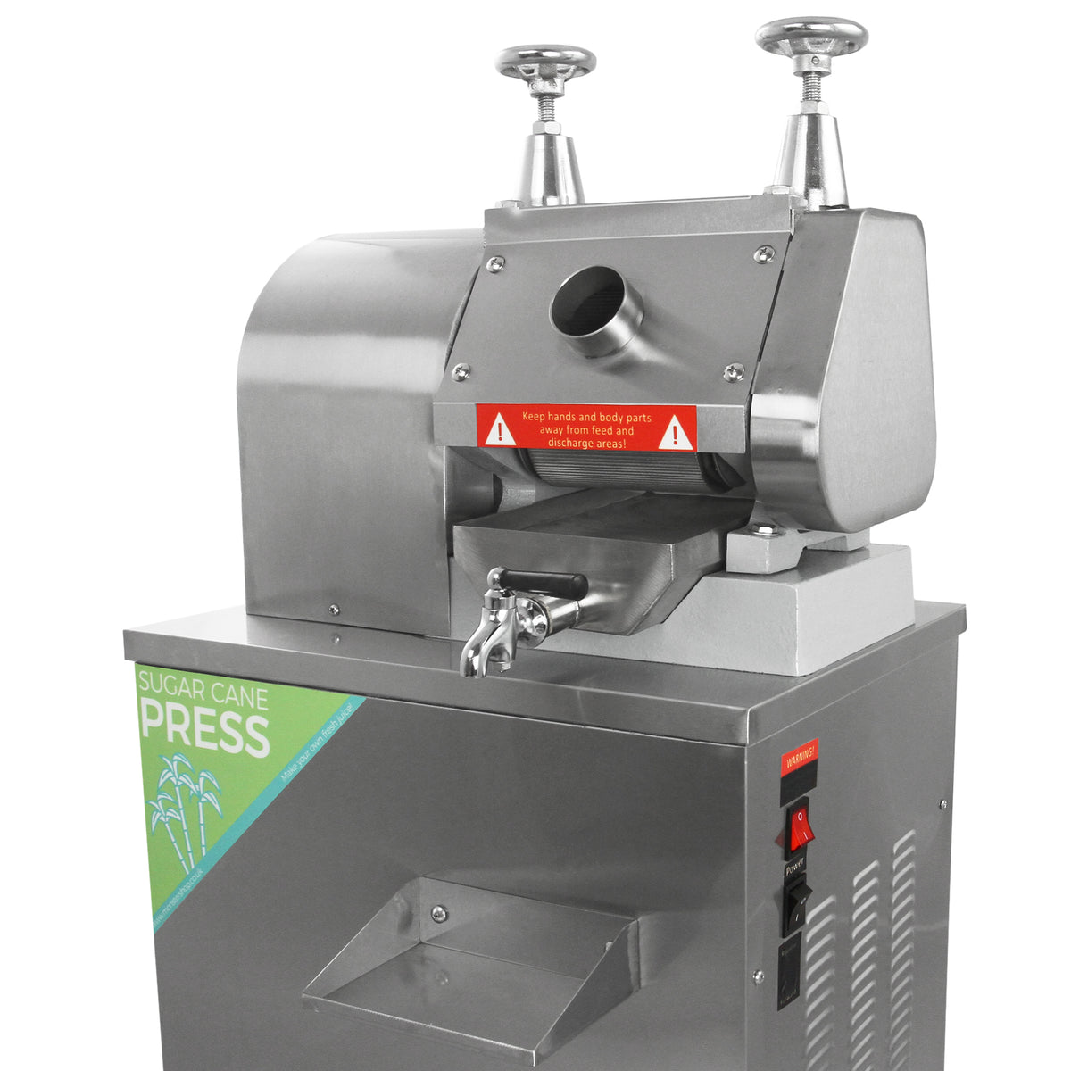Pressa per canna da zucchero in acciaio inox, con finiture lucide, maniglie cromate e un design moderno ed ergonomico