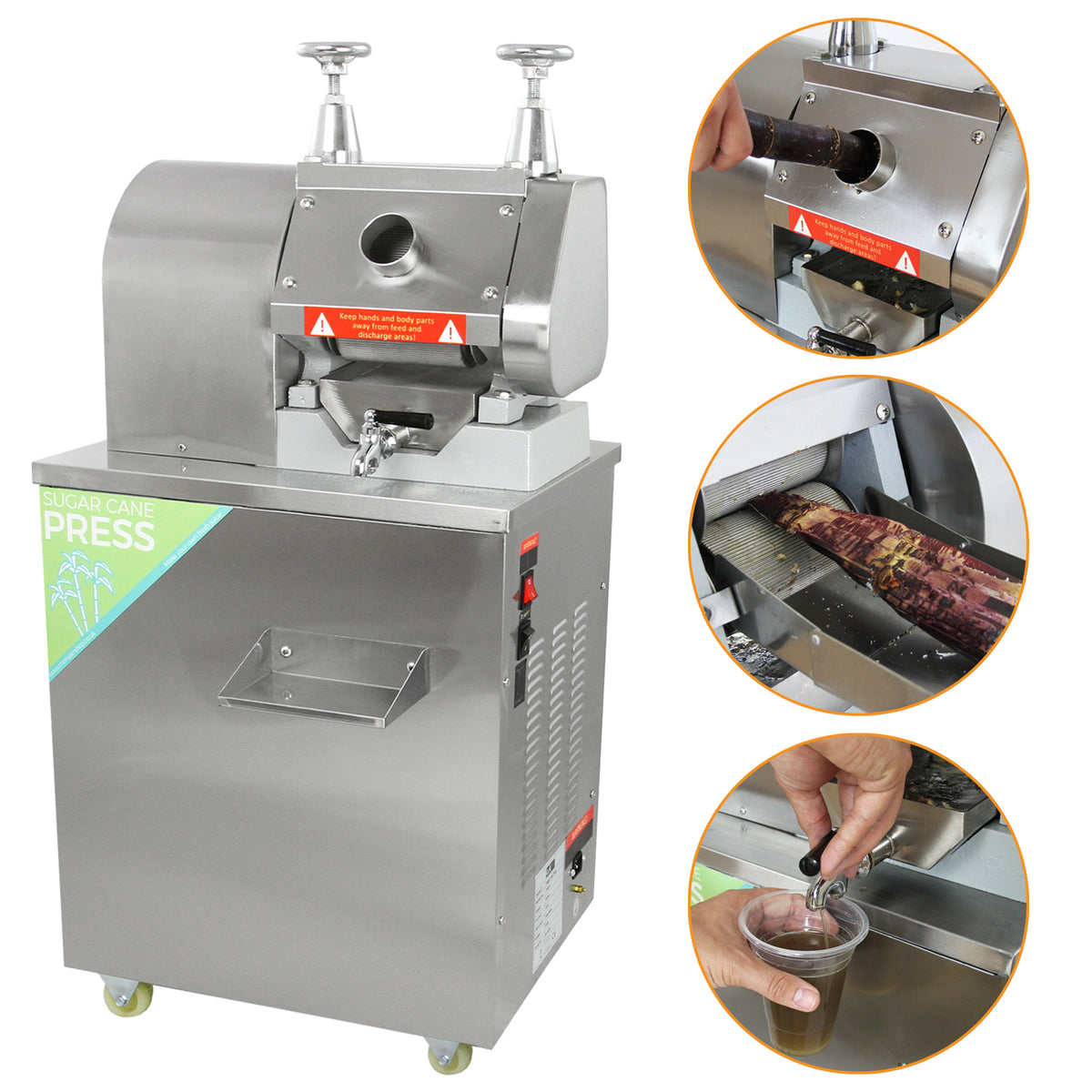 Pressa per canna da zucchero in acciaio inox, con manopole, contenitore per succo e rulli per estrazione, design compatto e moderno