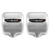 Asciugamani elettrici MaxBlast in acciaio inox lucido, design moderno e compatto, con logo distintivo in evidenza