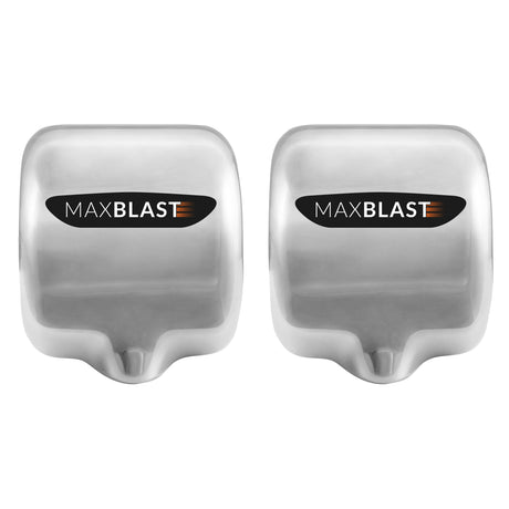 Asciugamani elettrici MaxBlast in acciaio inox lucido, design moderno e compatto, con logo distintivo in evidenza
