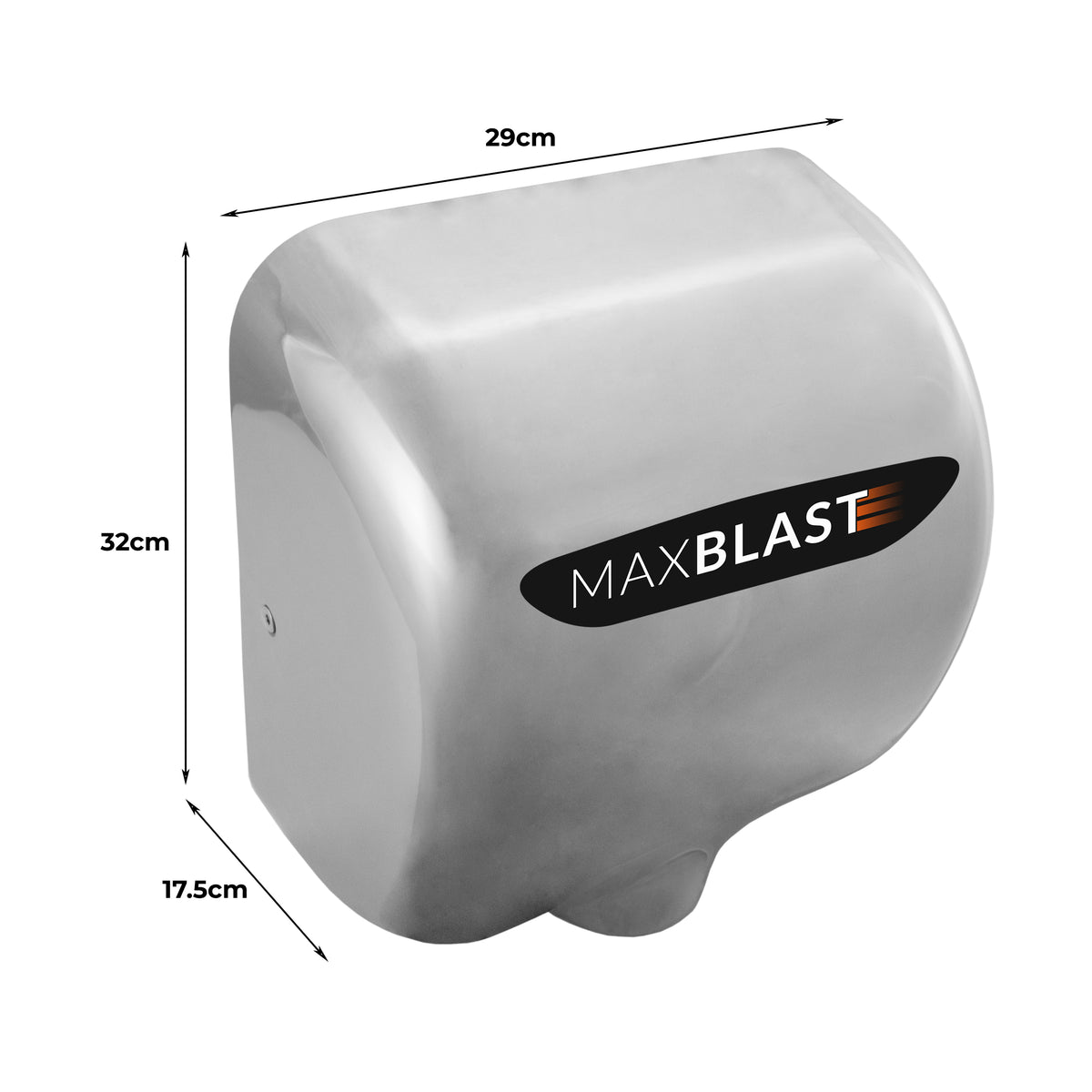 Asciugamani elettrico MaxBlast in acciaio inox lucido, dimensioni 29x32x17,5 cm, design moderno e compatto per bagni pubblici