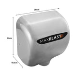 Asciugamani elettrico MaxBlast in acciaio inox lucido, dimensioni 29x32x17,5 cm, design moderno e compatto per bagni pubblici