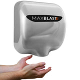 Asciugamani elettrico MaxBlast in acciaio inox lucido, design moderno e compatto, con mani pronte a ricevere l'aria calda