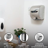 Asciugamani elettrico MaxBlast in acciaio inox, design moderno, installato in bagno, con filtro HEPA e basso livello di rumore