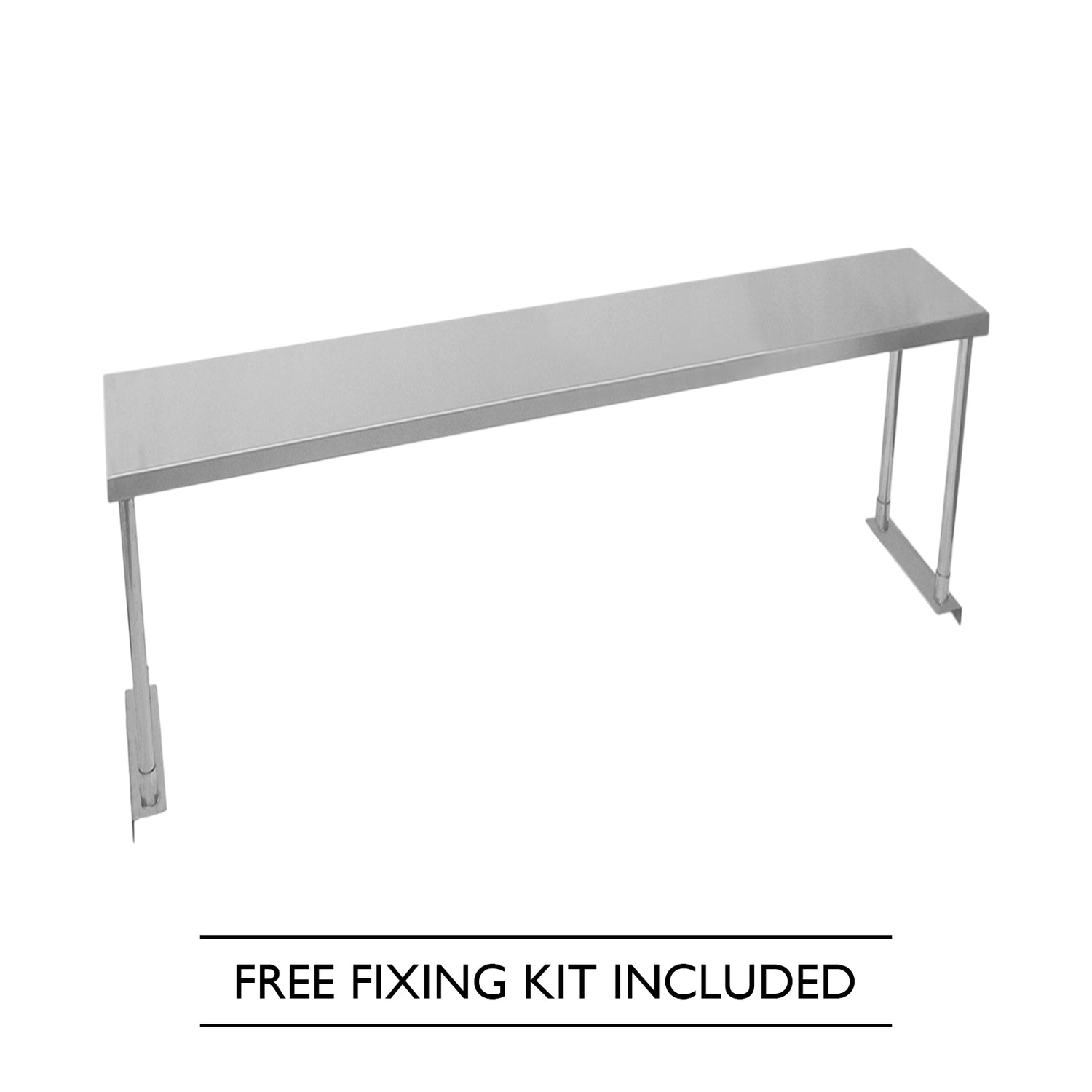 Ripiano in acciaio inox lucido, lungo 150 cm, con supporti robusti e kit di fissaggio incluso, ideale per cucine professionali