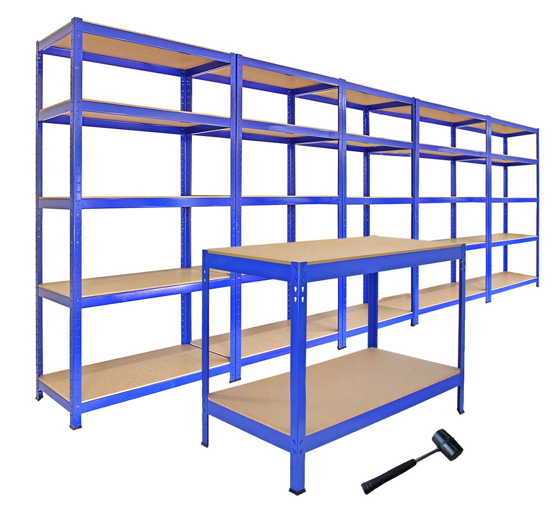 Scaffale da Garage ad Incastro T-Rax - Blu - 75cm x 30cm - 5 Pezzi con Banco da Lavoro Q-rax