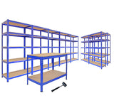 Scaffale da Garage ad Incastro T-Rax - Blu - 5 x 75cm - 2 x 90cm - 1 x Banco da Lavoro Q-Rax e Martello