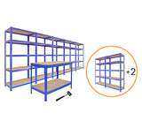 Scaffale da Garage ad Incastro T-Rax - Blu - 5 x 75cm - 2 x 90cm - 1 x Banco da Lavoro Q-Rax e Martello