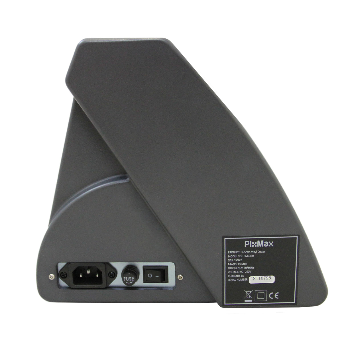 Taglierina per vinile PixMax 59" XL con design grigio, dettagli tecnici sul retro e porte di connessione per un utilizzo facile
