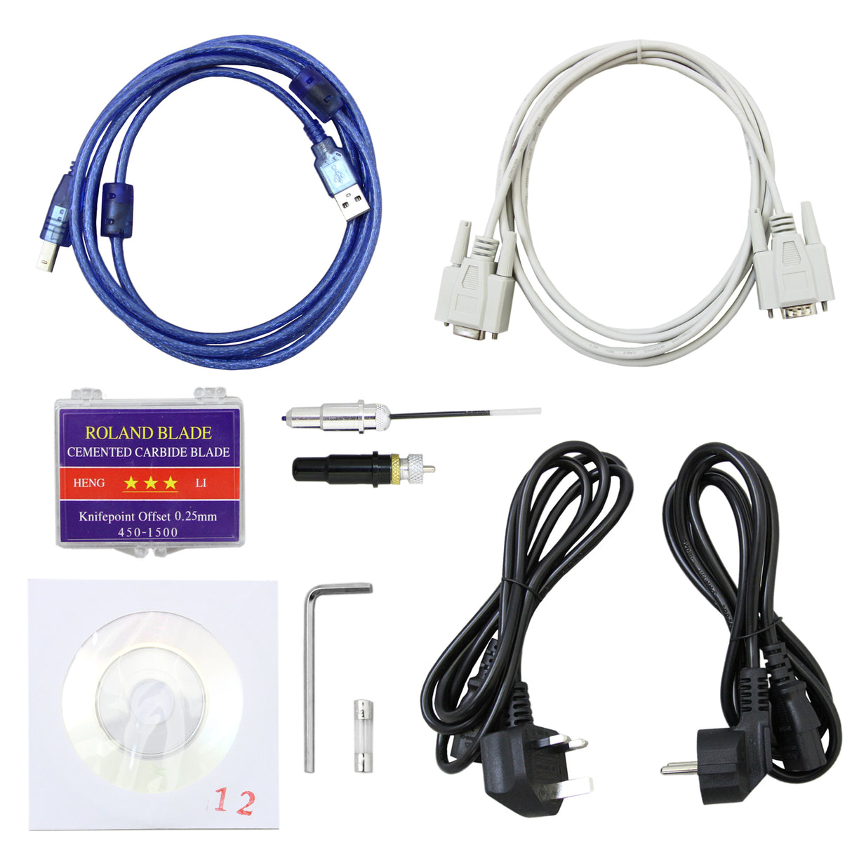 Cavi USB e di alimentazione, lama in carburo, disco software e accessori per la taglierina vinile PixMax 59" XL, colori vari