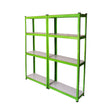 Scaffale metallico verde con ripiani bianchi, design robusto e moderno, ideale per organizzare spazi di lavoro o magazzini