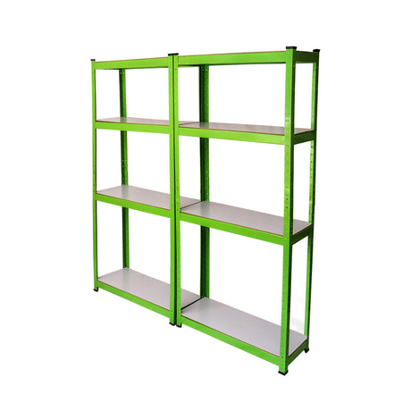 Scaffale metallico verde con ripiani bianchi, design robusto e moderno, ideale per organizzare spazi di lavoro o magazzini