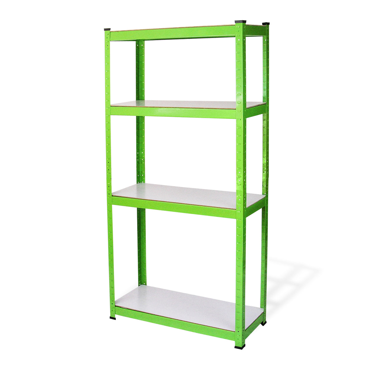 Scaffale metallico verde brillante con tre ripiani bianchi, ideale per organizzare spazi di lavoro o magazzini, robusto e resistente