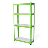 Scaffale metallico verde brillante con tre ripiani bianchi, ideale per organizzare spazi di lavoro o magazzini, robusto e resistente