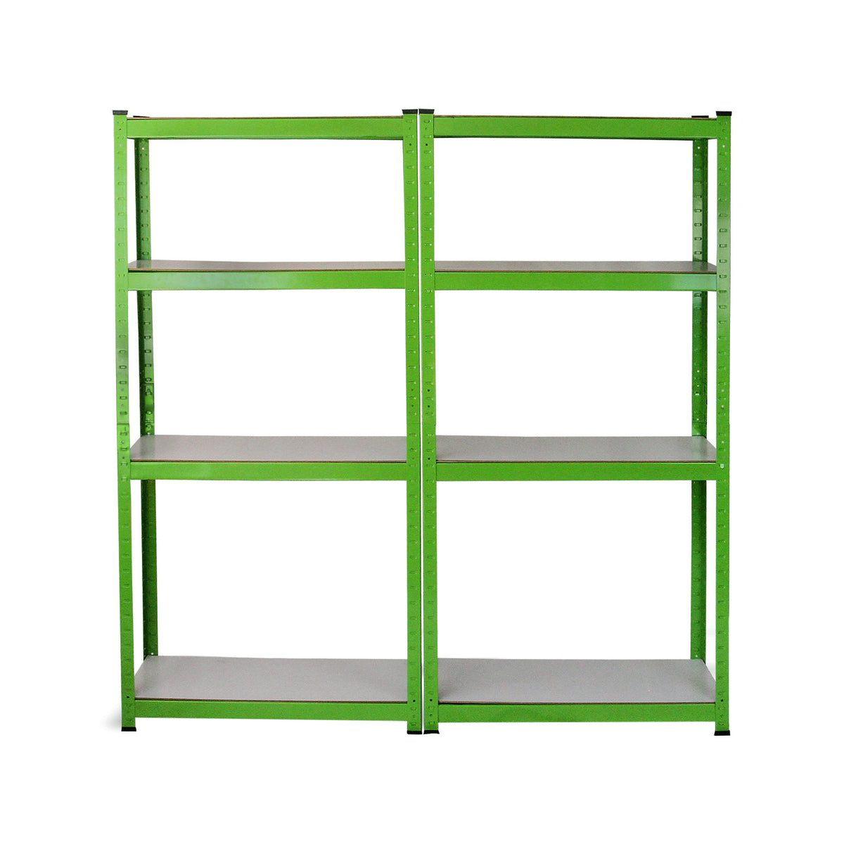 Scaffale metallico verde con ripiani grigi, design robusto e moderno, ideale per stoccaggio e organizzazione in spazi commerciali