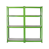 Scaffale metallico verde con ripiani grigi, design robusto e moderno, ideale per stoccaggio e organizzazione in spazi commerciali