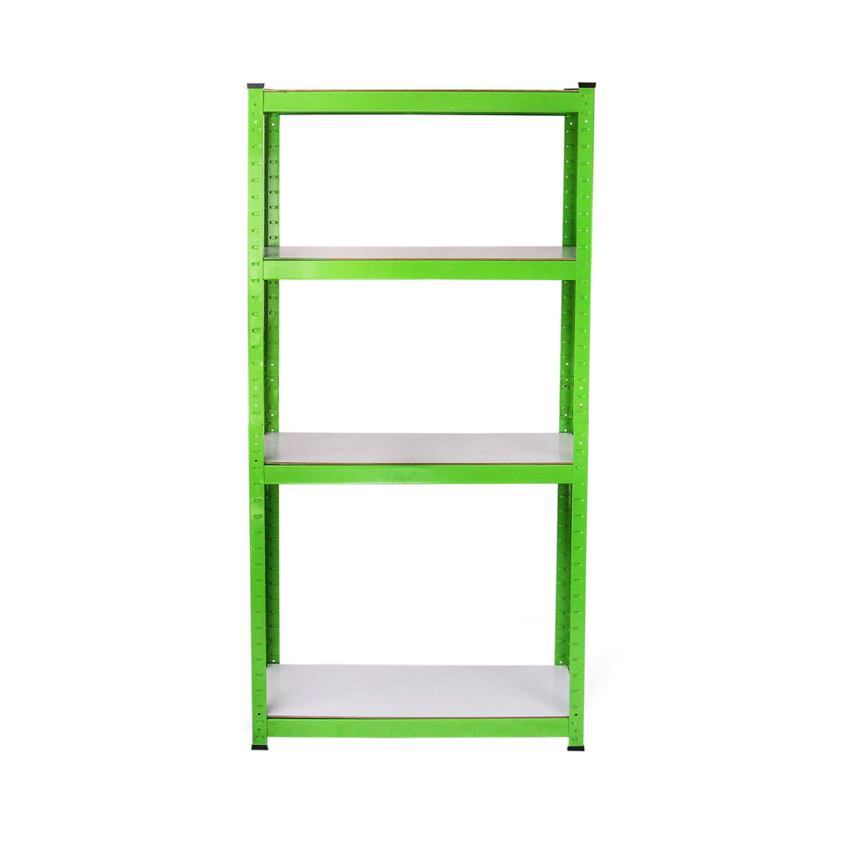Scaffale metallico verde brillante con quattro ripiani bianchi, ideale per organizzare spazi di lavoro e magazzini