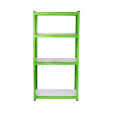 Scaffale metallico verde brillante con quattro ripiani bianchi, ideale per organizzare spazi di lavoro e magazzini
