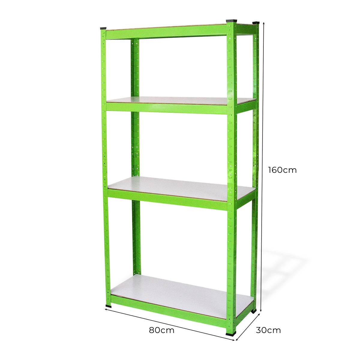 Scaffale metallico verde brillante con tre ripiani bianchi, altezza 160 cm, larghezza 80 cm e profondità 30 cm, ideale per stoccaggio