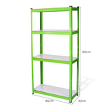 Scaffale metallico verde brillante con tre ripiani bianchi, altezza 160 cm, larghezza 80 cm e profondità 30 cm, ideale per stoccaggio