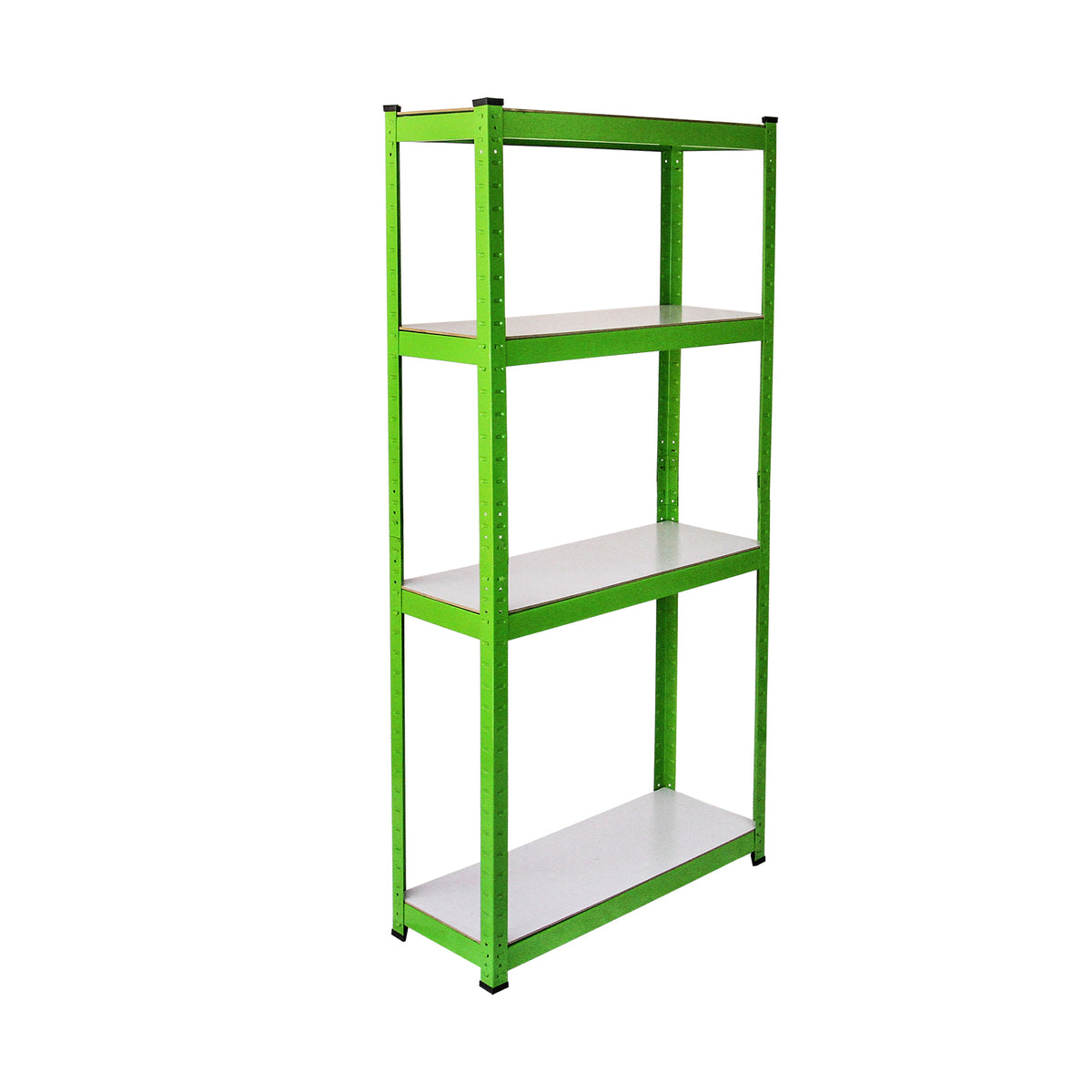 Scaffale metallico verde brillante con tre ripiani bianchi, ideale per organizzare spazi di lavoro o magazzini, robusto e funzionale