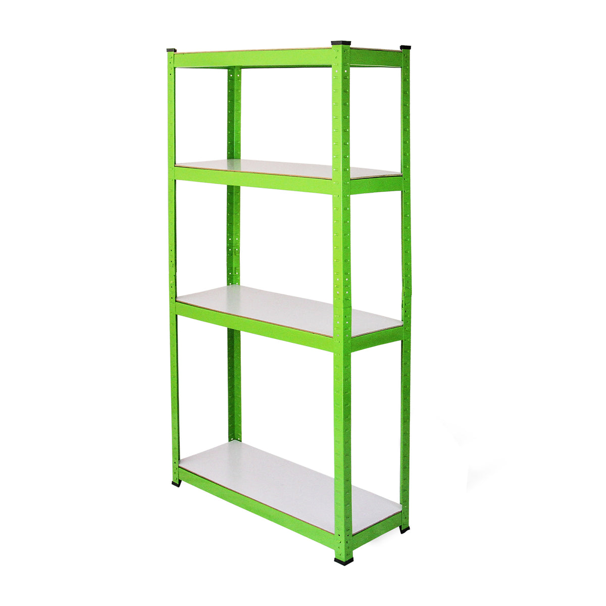 Scaffale metallico verde brillante con quattro ripiani bianchi, ideale per organizzare spazi di lavoro o magazzini
