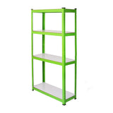 Scaffale metallico verde brillante con quattro ripiani bianchi, ideale per organizzare spazi di lavoro o magazzini