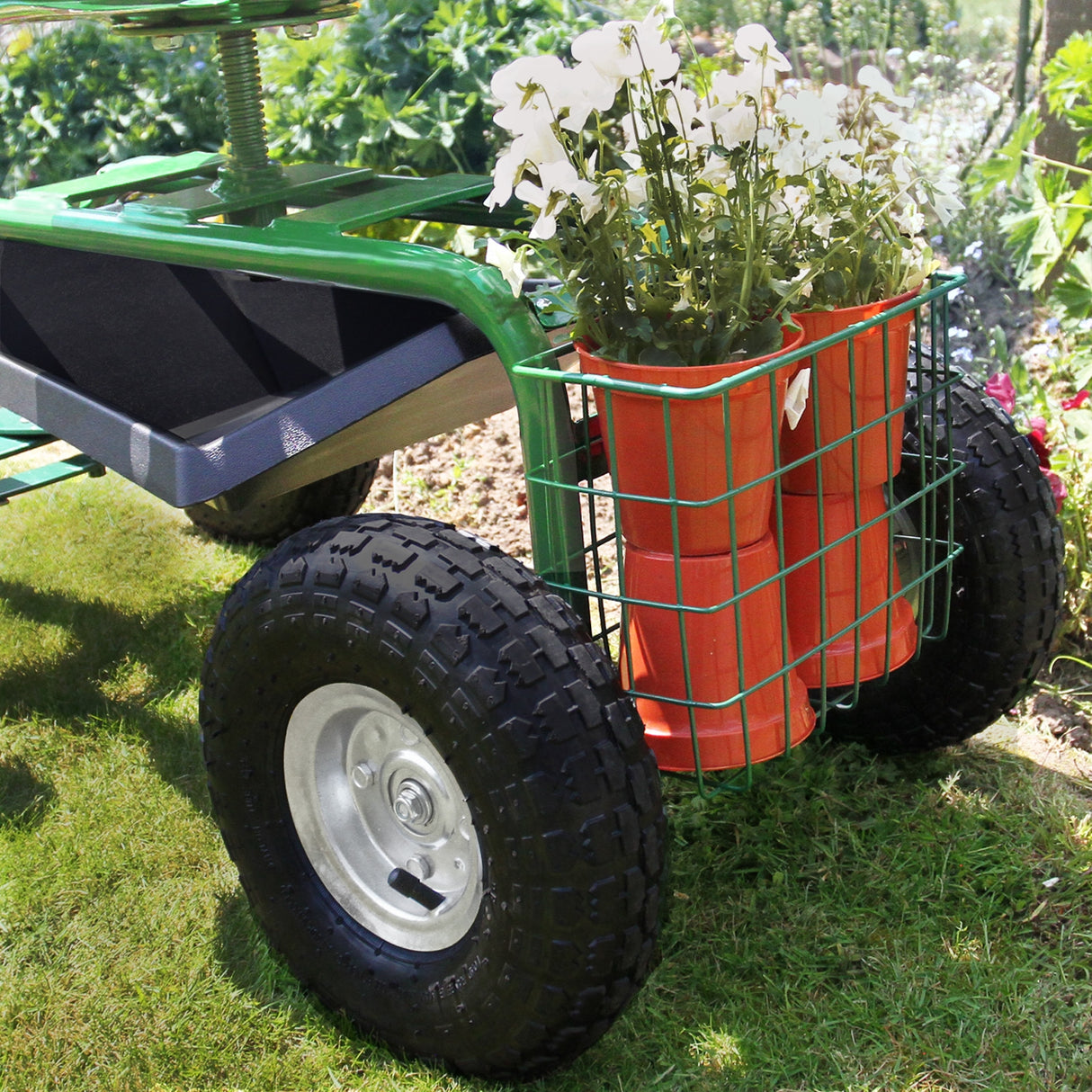 Sgabello Ruotato da Giardinaggio con Vasca per Attrezzi e Cestello