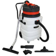 Aspirapolvere professionale MaxBlast con serbatoio bianco, manico metallico, accessori per pulizia e ruote per facilità di movimento