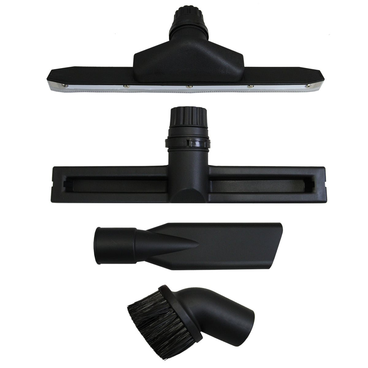 Set di accessori per aspirapolvere in plastica nera, comprendente bocchette e spazzole di diverse forme e dimensioni, ideali per pulizia versatile
