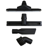 Set di accessori per aspirapolvere in plastica nera, comprendente bocchette e spazzole di diverse forme e dimensioni, ideali per pulizia versatile