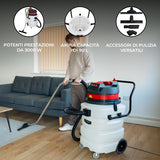 Aspirapolvere potente da 3000 W con serbatoio da 90 L, accessori versatili e design ergonomico, utilizzato su un pavimento in casa