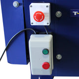 Pannello di controllo della Spella Cavi Automatica T-Mech, con pulsanti rossi e verdi su sfondo blu, cavi elettrici visibili