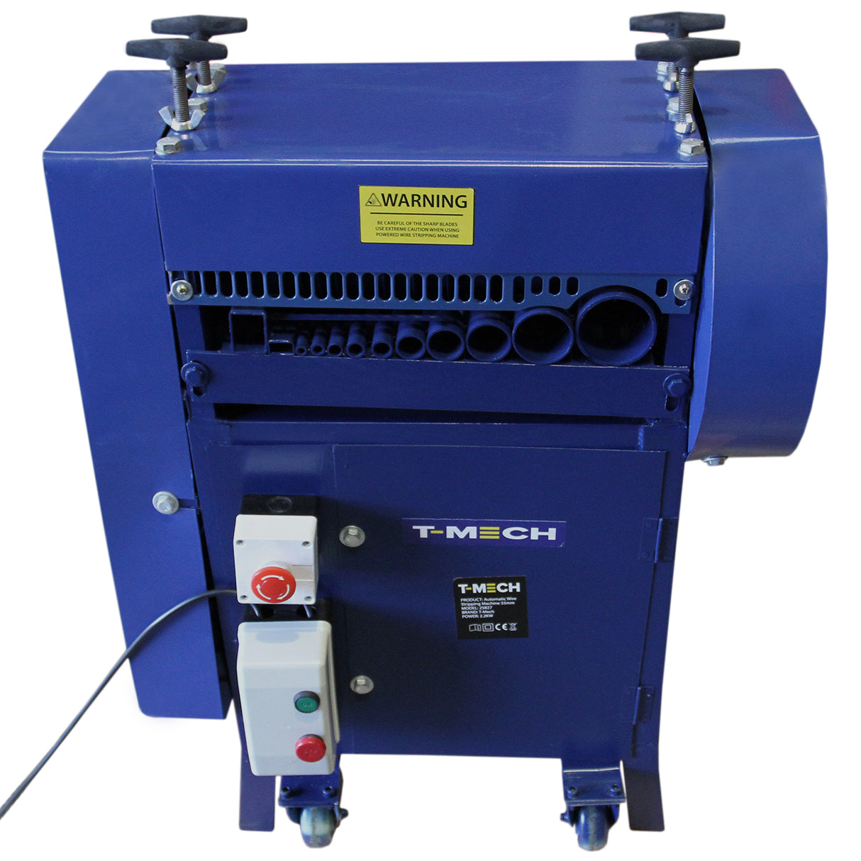 Spella cavi automatica T-Mech 55mm, struttura blu, manopole nere, pannello di controllo con pulsanti rossi e cavi di alimentazione visibili
