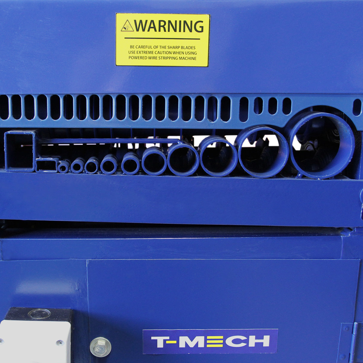 Spella cavi automatica T-Mech 55mm, con corpo blu, aperture circolari per cavi di diverse dimensioni e avviso di sicurezza giallo