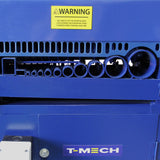 Spella cavi automatica T-Mech 55mm, con corpo blu, aperture circolari per cavi di diverse dimensioni e avviso di sicurezza giallo