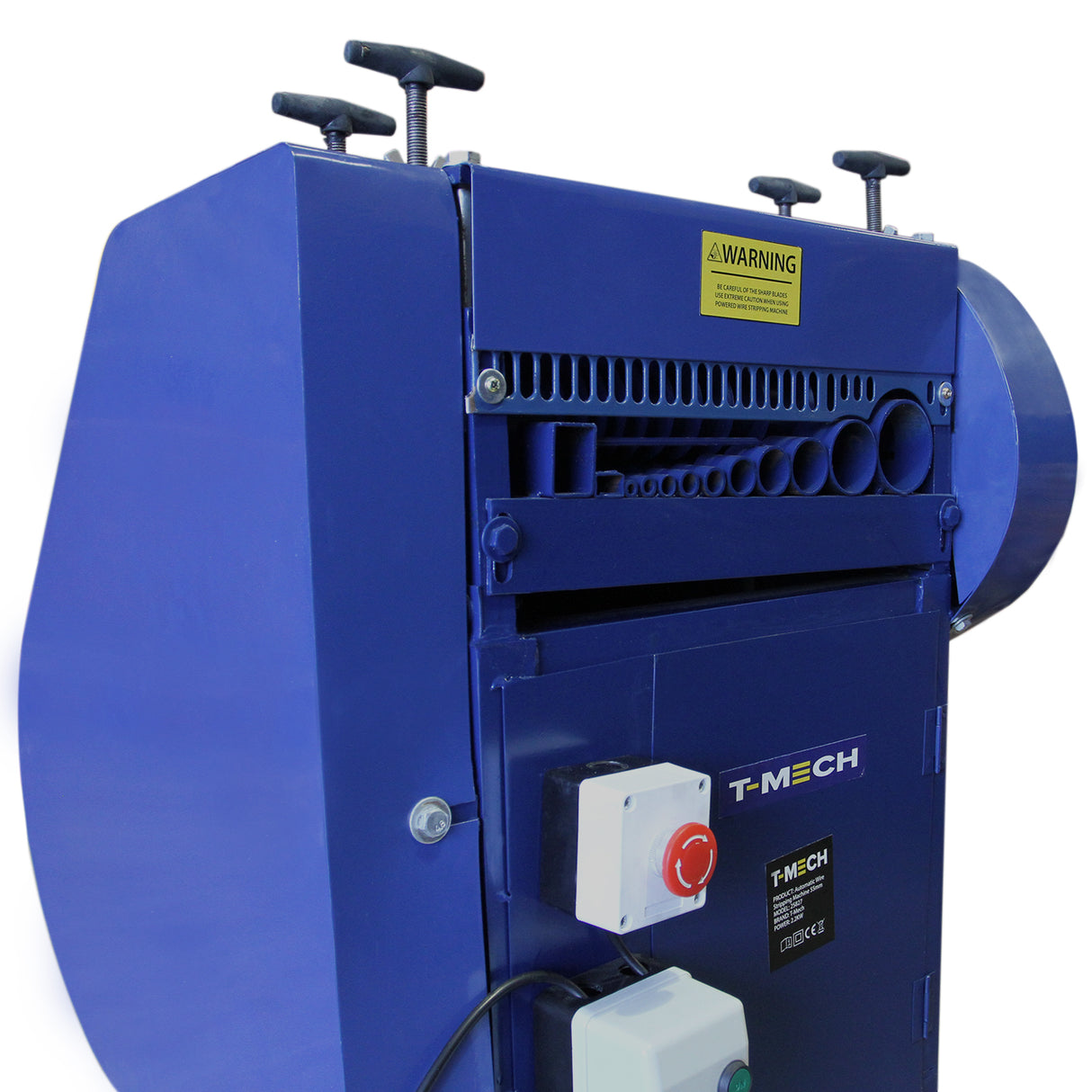 Spella cavi automatica T-Mech 55mm, struttura blu, manopole nere, pulsante rosso, design robusto e funzionale per lavorazioni elettriche
