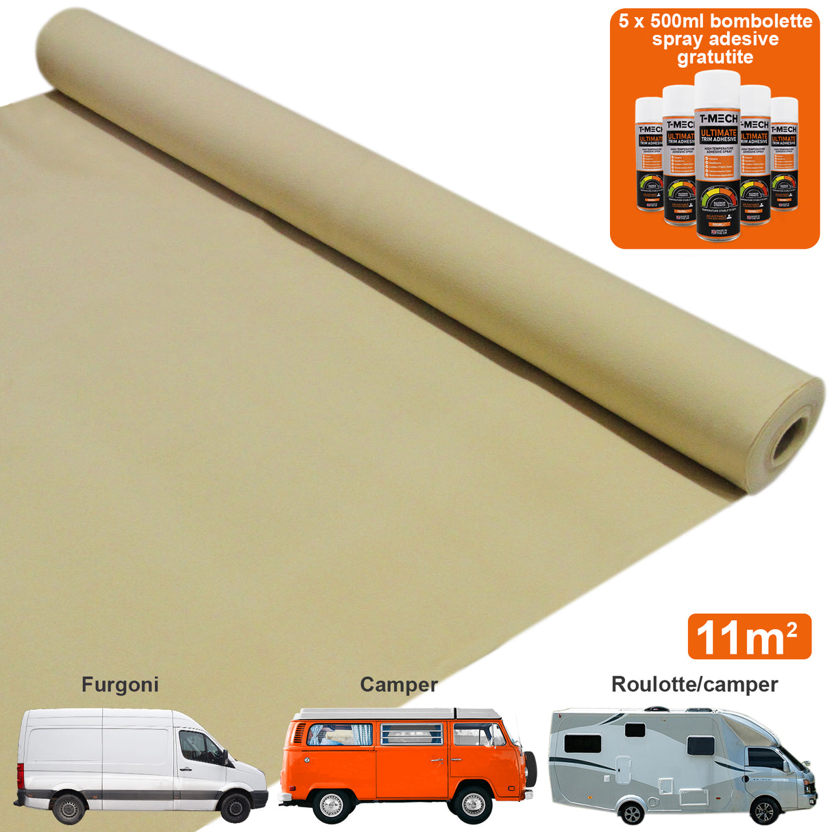 Rivestimento per moquette beige per furgoni, con 5 bombolette adesive, ideale per camper e roulotte, copertura di 11m²