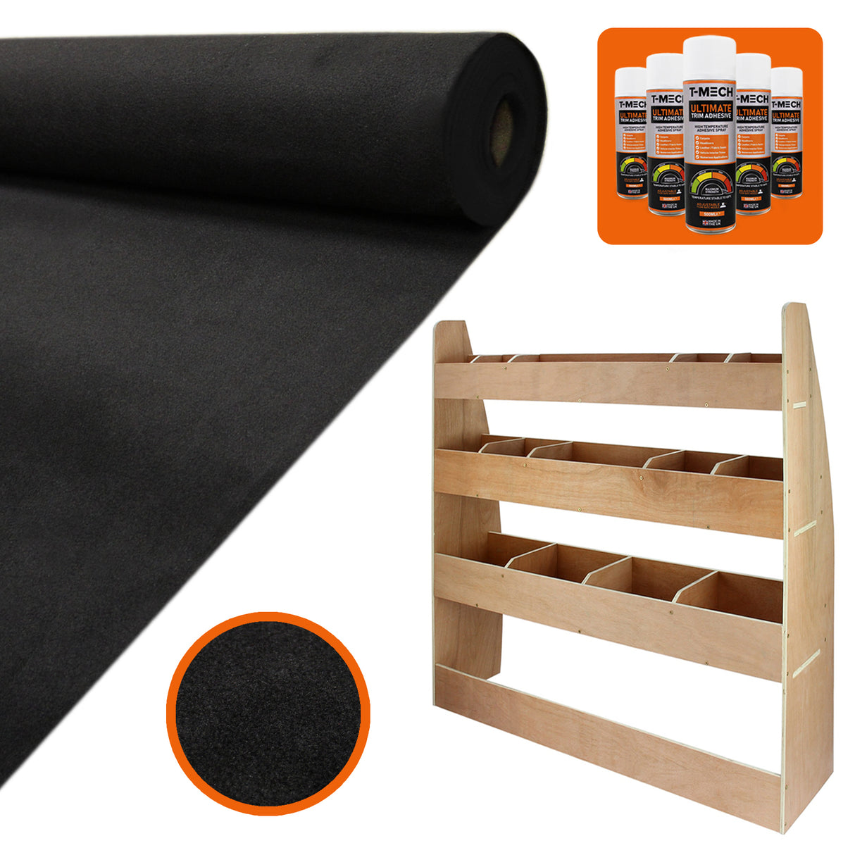 Rivestimento nero in feltro per furgone, con texture morbida, ideale per VW Caddy, accompagnato da colla e portapacchi in legno chiaro