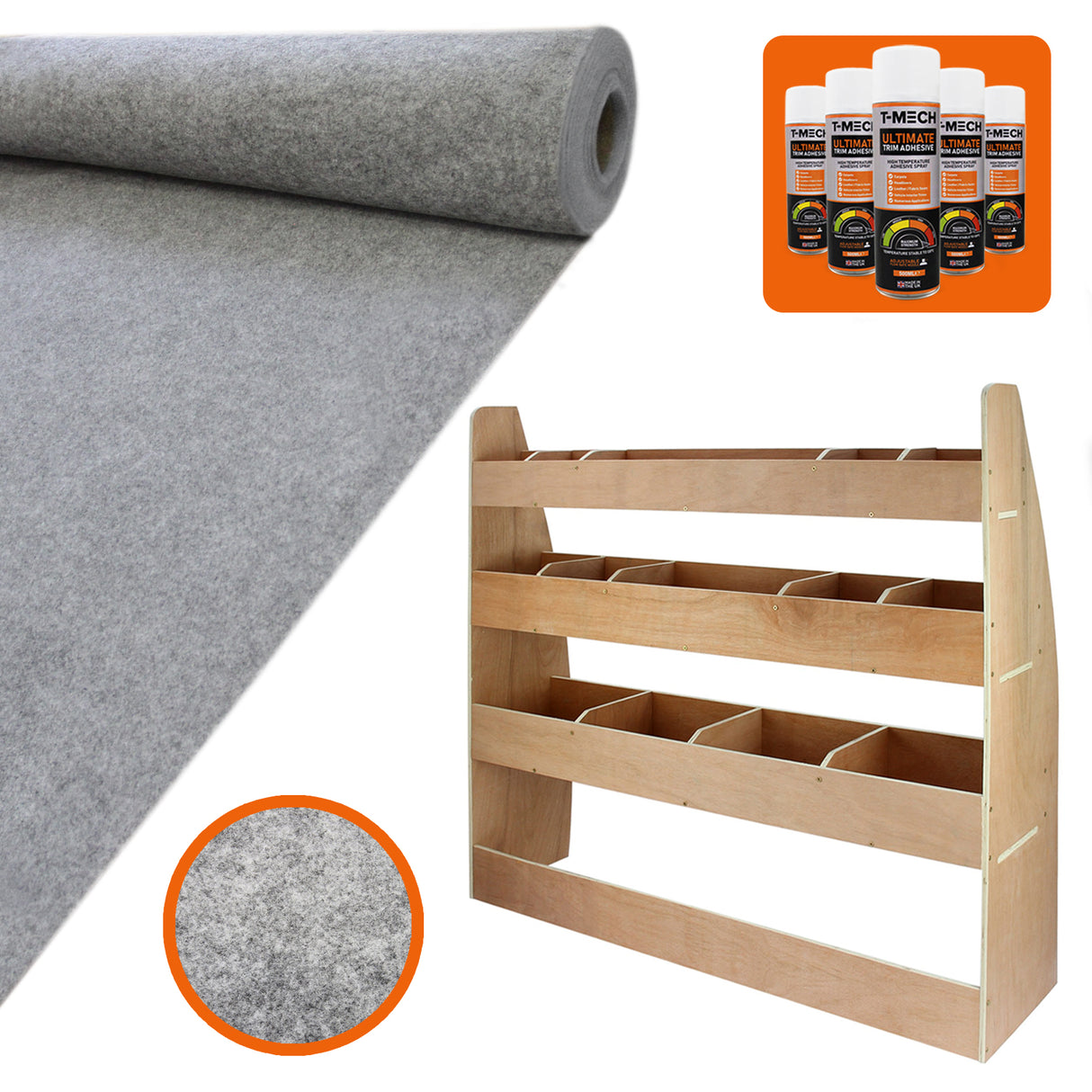 Rivestimento grigio fumo per furgone e scaffalatura in legno con scomparti, ideale per VW Caddy, texture morbida e resistente