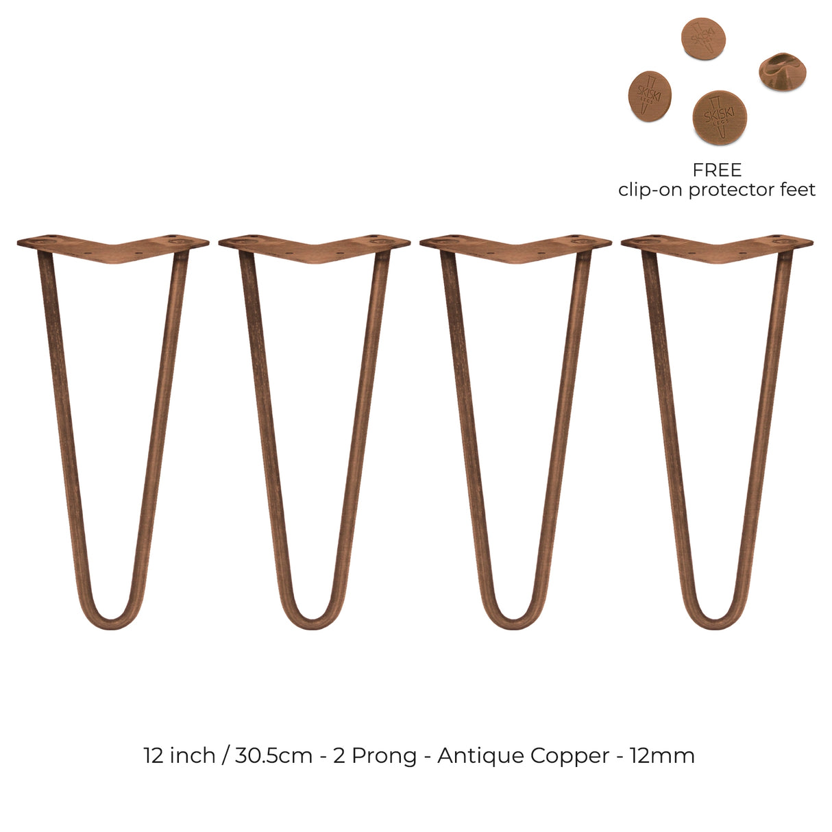 4 Gambe da Tavolo a Forcina 30.5cm - 2 Rebbi - 12mm - Rame Anticato