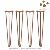 4 Gambe da Tavolo a Forcina 71cm - 3 Rebbi - 12mm - Rame Anticato