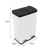 Pattumiera bianca a due compartimenti con coperchi neri, dimensioni 71 cm x 36 cm x 47 cm, design moderno e funzionale